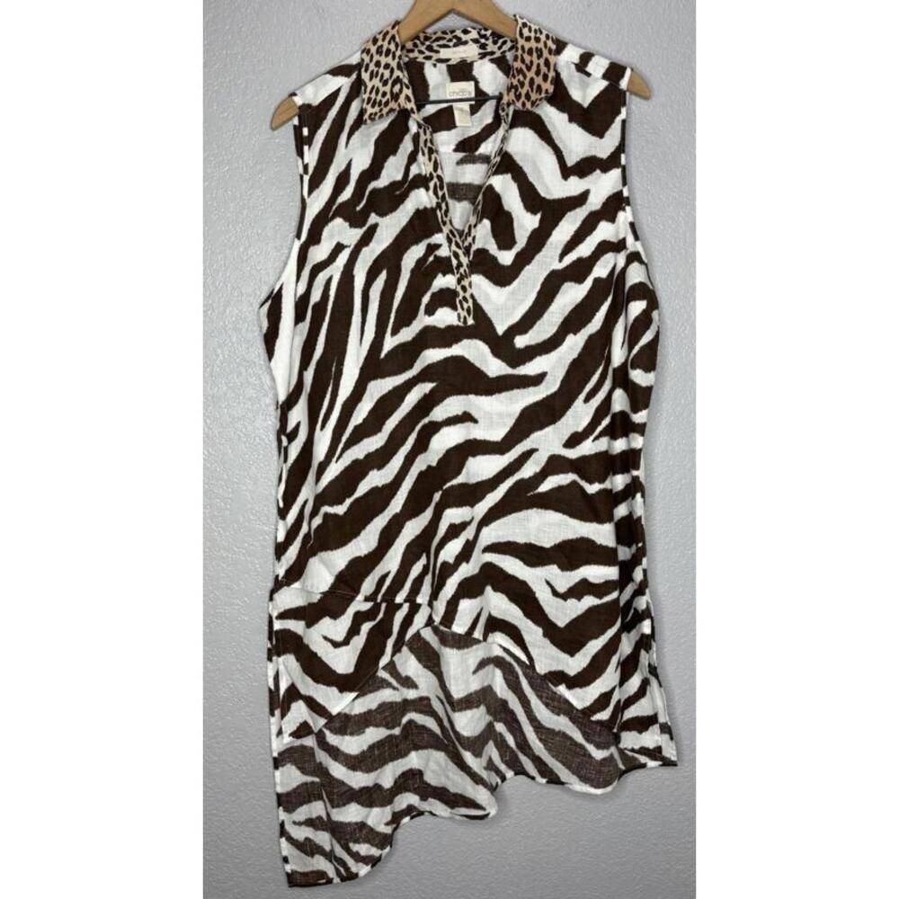 Chico’s Womens No Iron Tunic Zebra Print Sleeveless Linen Casual Sz 3 (XL)